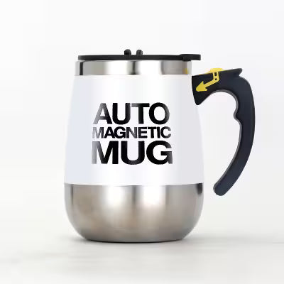 Stainless steel mug with black handle and 'Auto Magnetic Mug' text on a white background