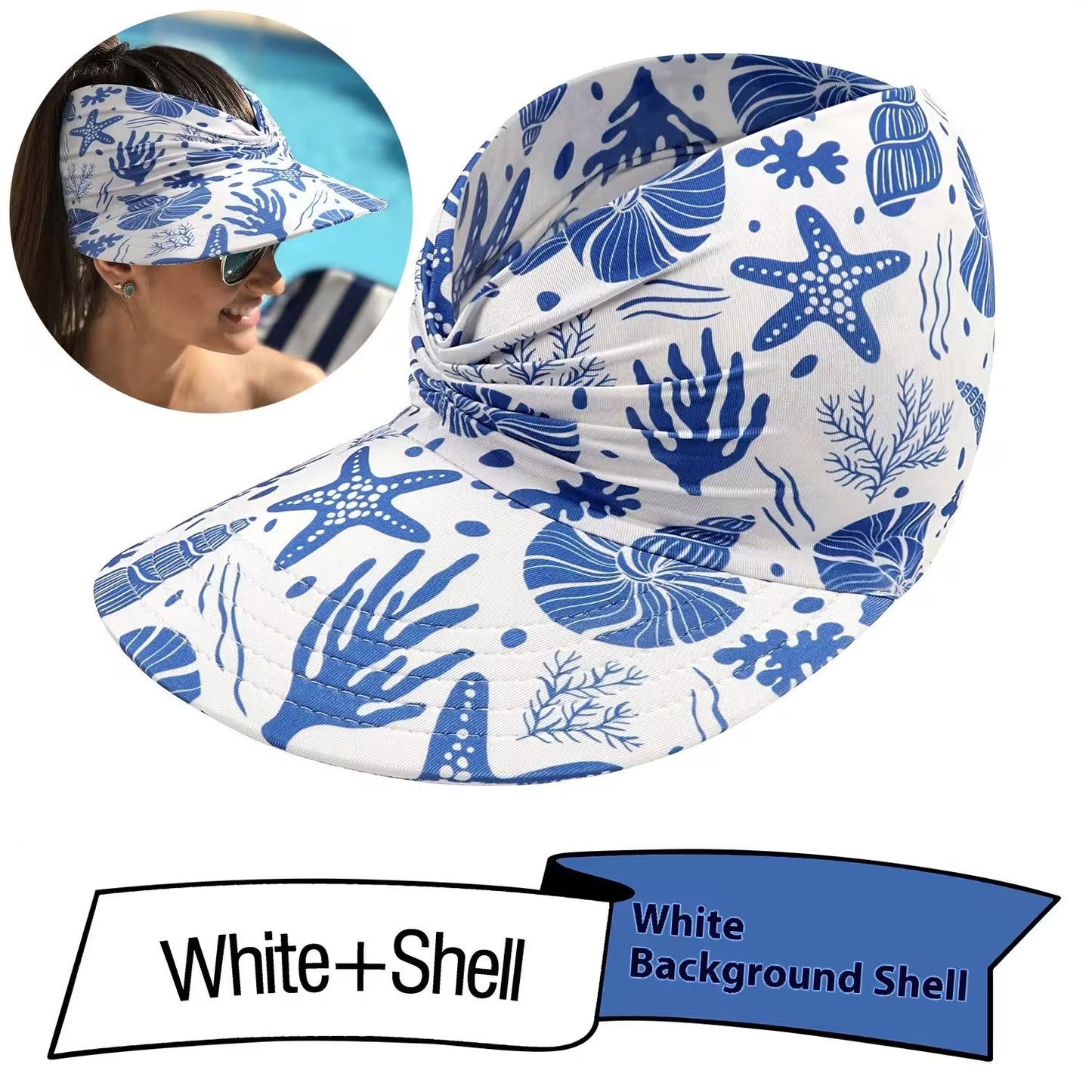White visor with blue sea-themed pattern worn by a person, with 'White + Shell' branding.