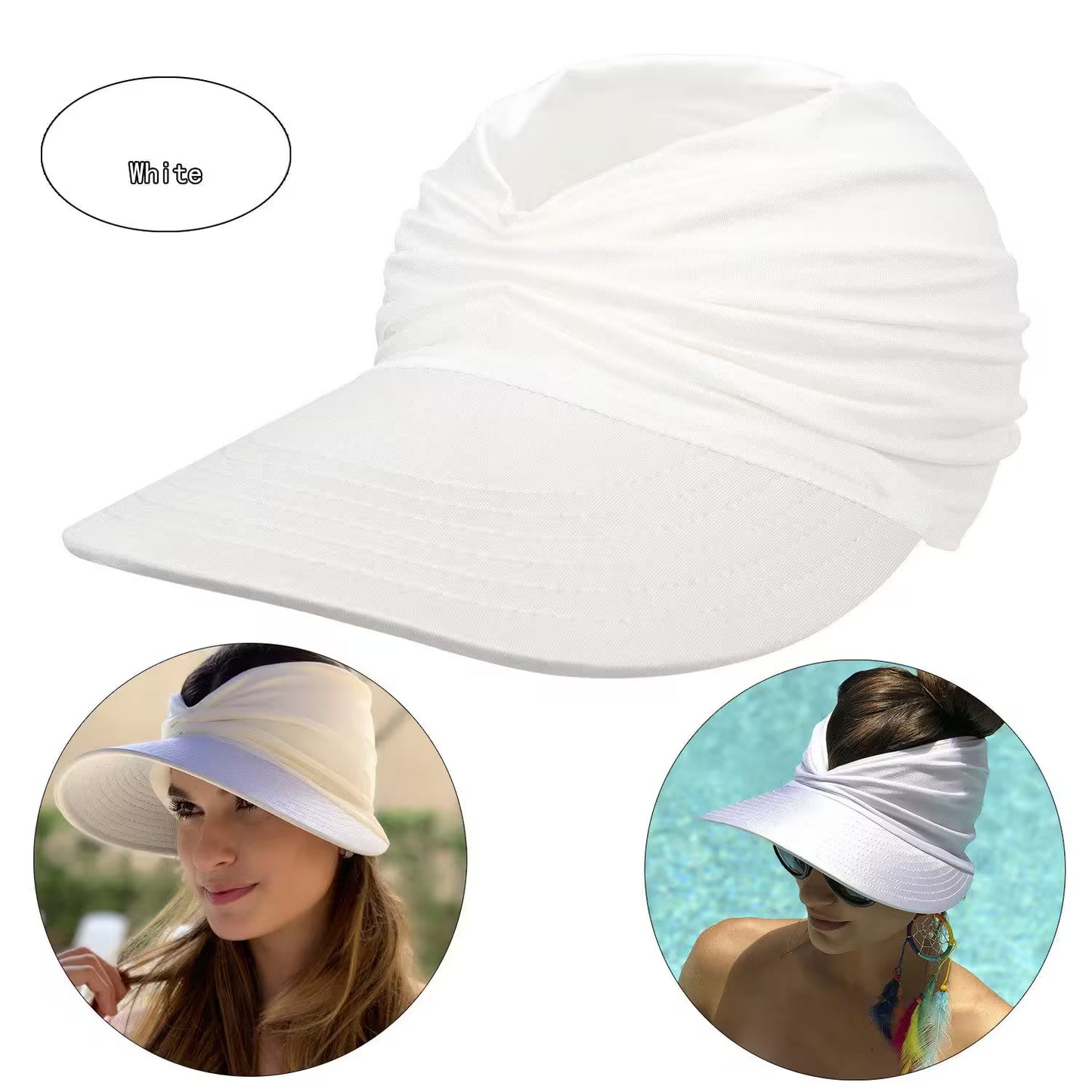 White visor cap with two应用场景 images of people wearing it.