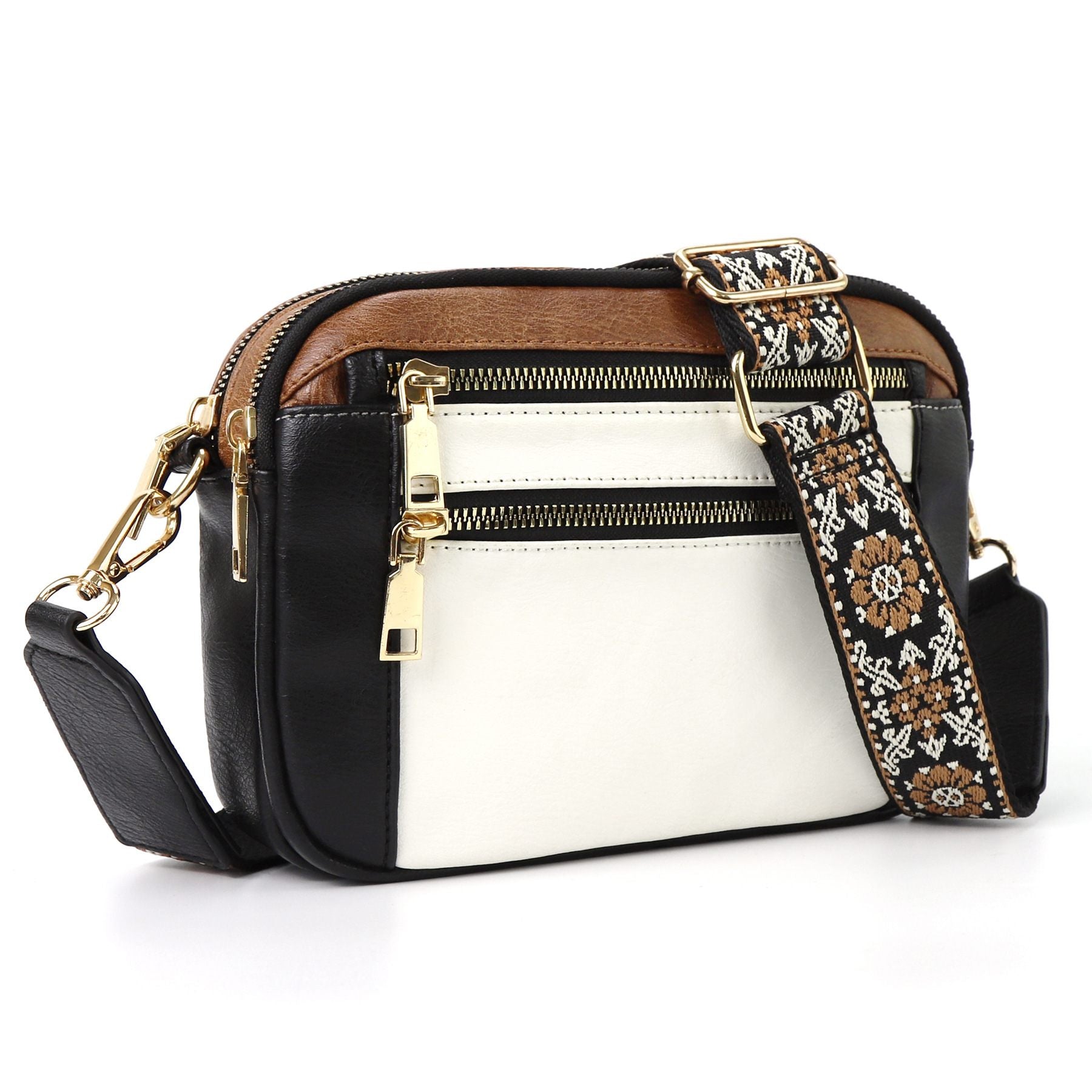 Multicolored handbag with a decorative strap on a white background