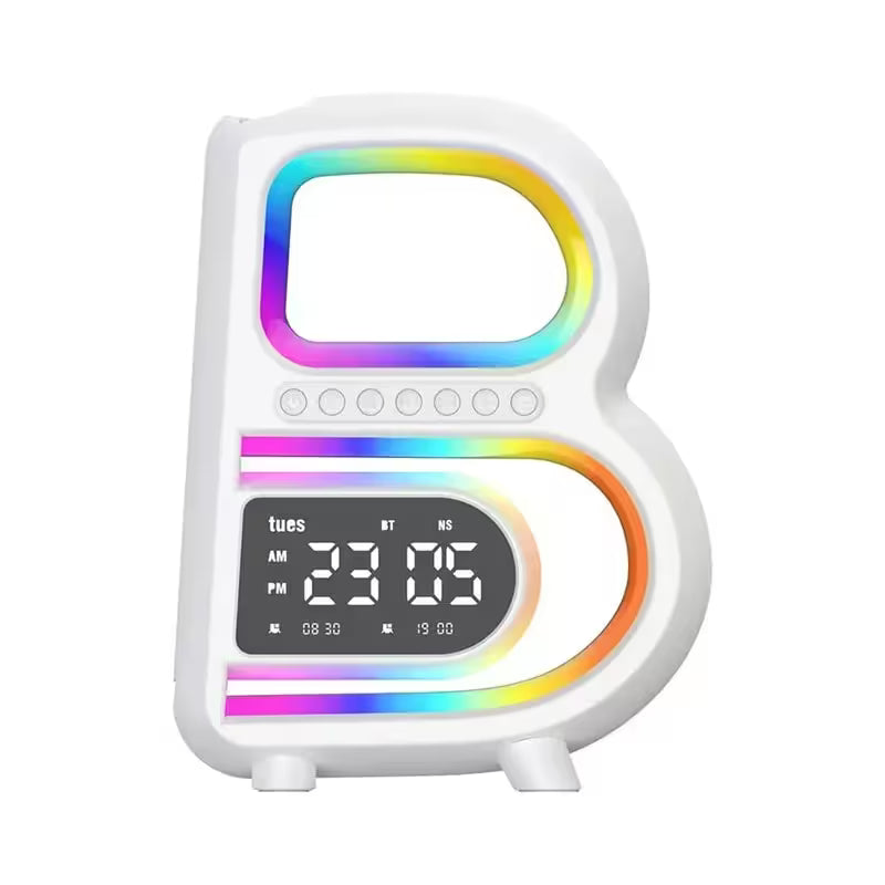 Colorful digital clock with rainbow gradient on a white background