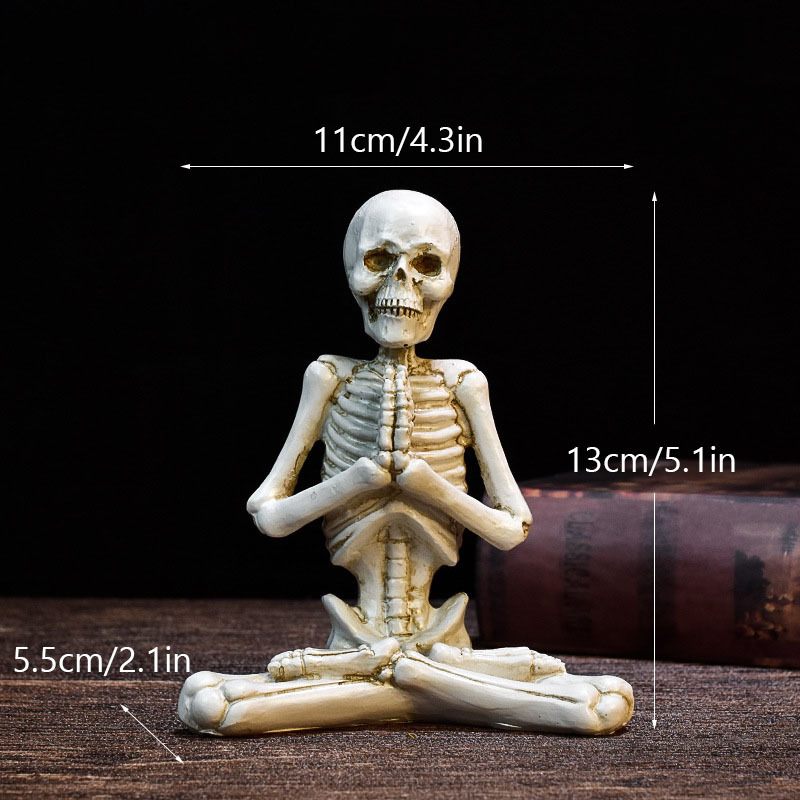 Skeletal figure in a meditative pose with measurements on a dark background