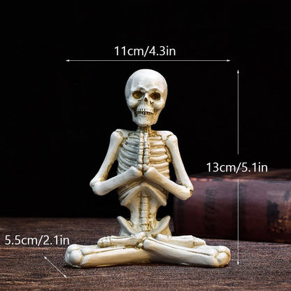 Skeletal figure in a meditative pose with measurements on a dark background