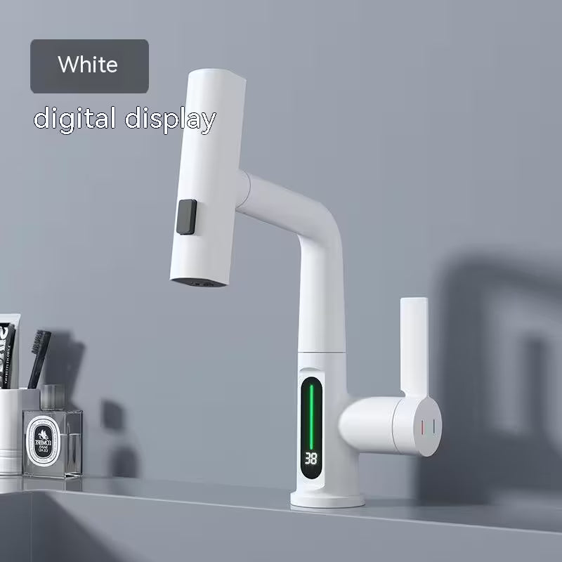 White digital display kitchen faucet on a gray background