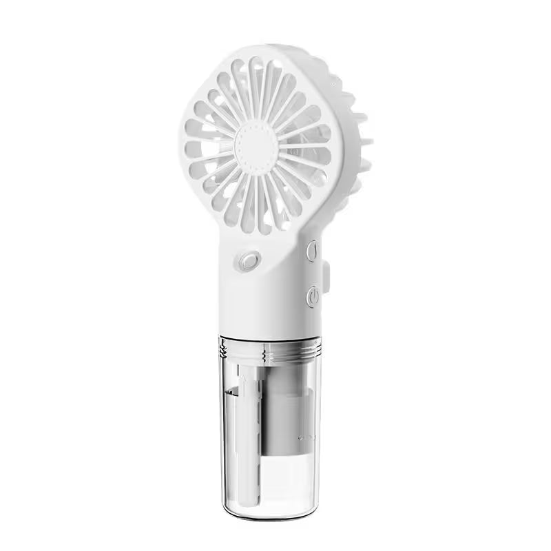 Handheld fan with a transparent cylindrical design on a white background