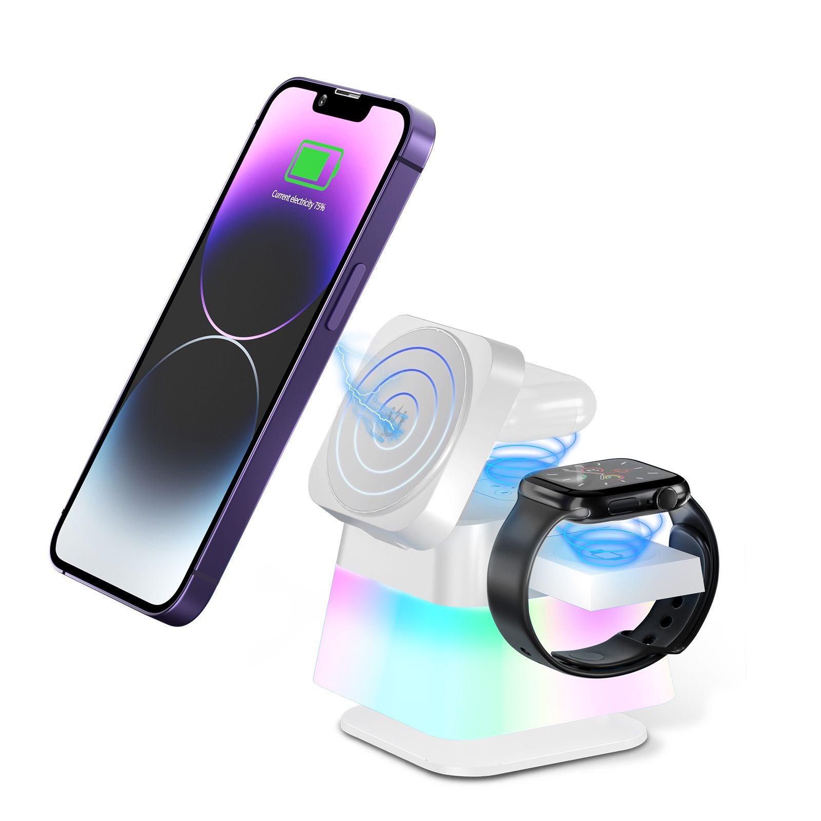 Wireless charging station with smartphone, smartwatch, and headphones on a white background