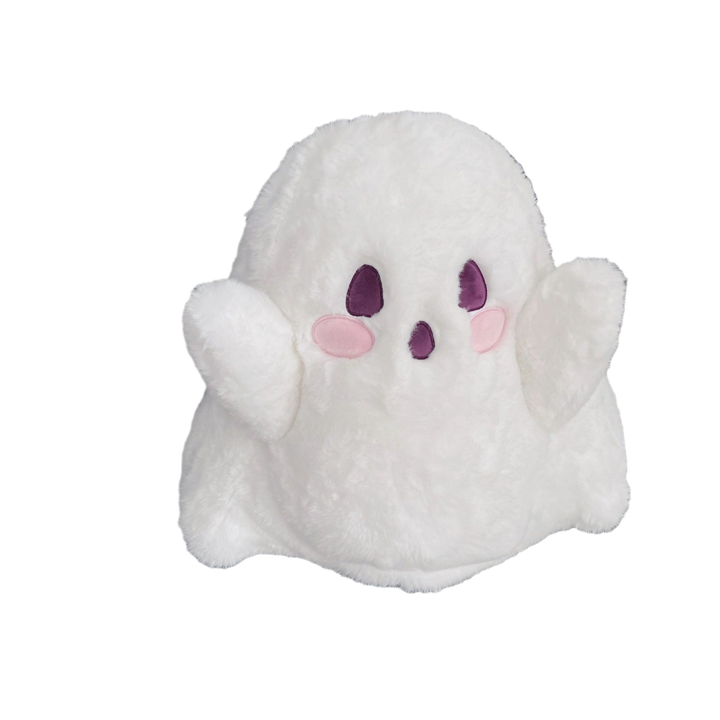 White plush ghost toy with purple eyes and pink cheeks on a white background