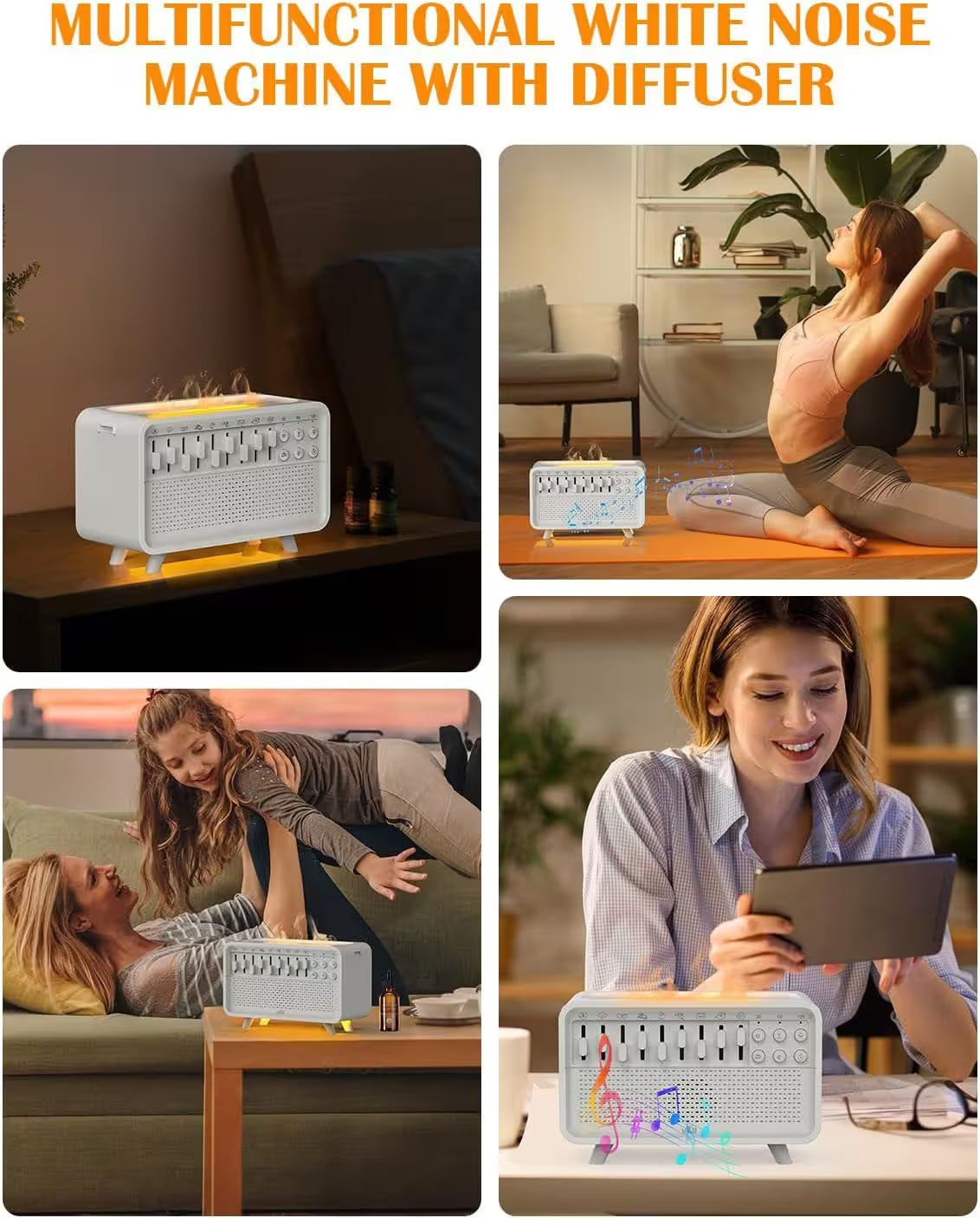 Multifunctional white noise machine with diffuser used in various settings.