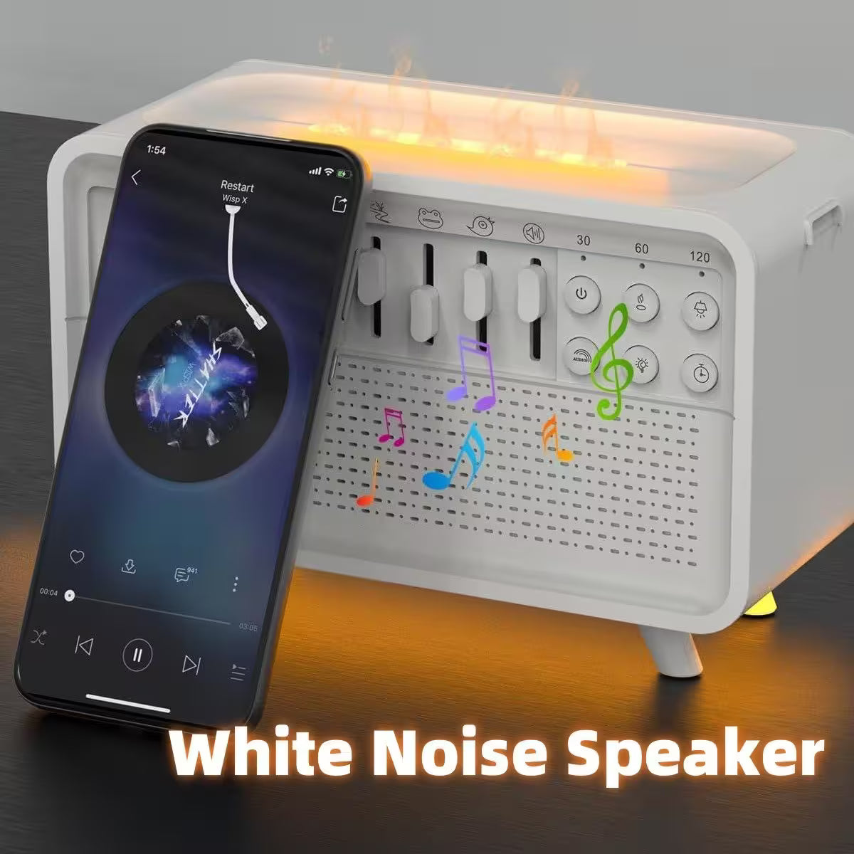 White noise speaker with smartphone displaying music app on a dark surface