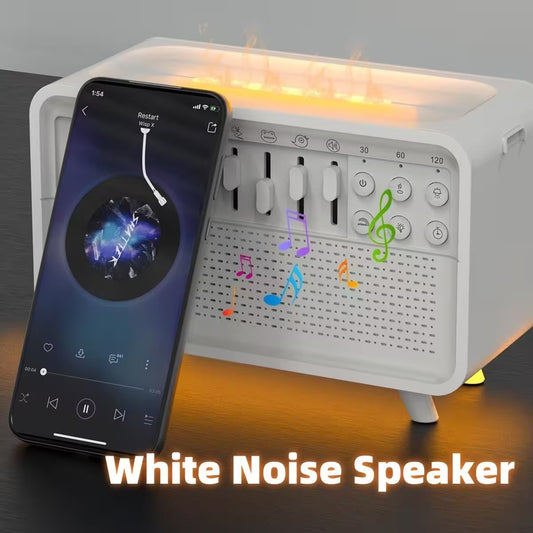 White noise speaker with smartphone displaying music app on a dark surface