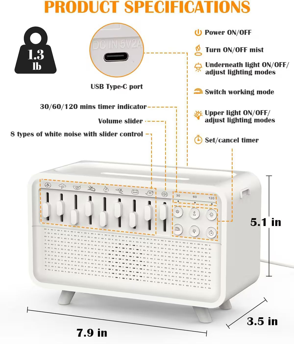 Product specifications of a white electronic device with features and dimensions.