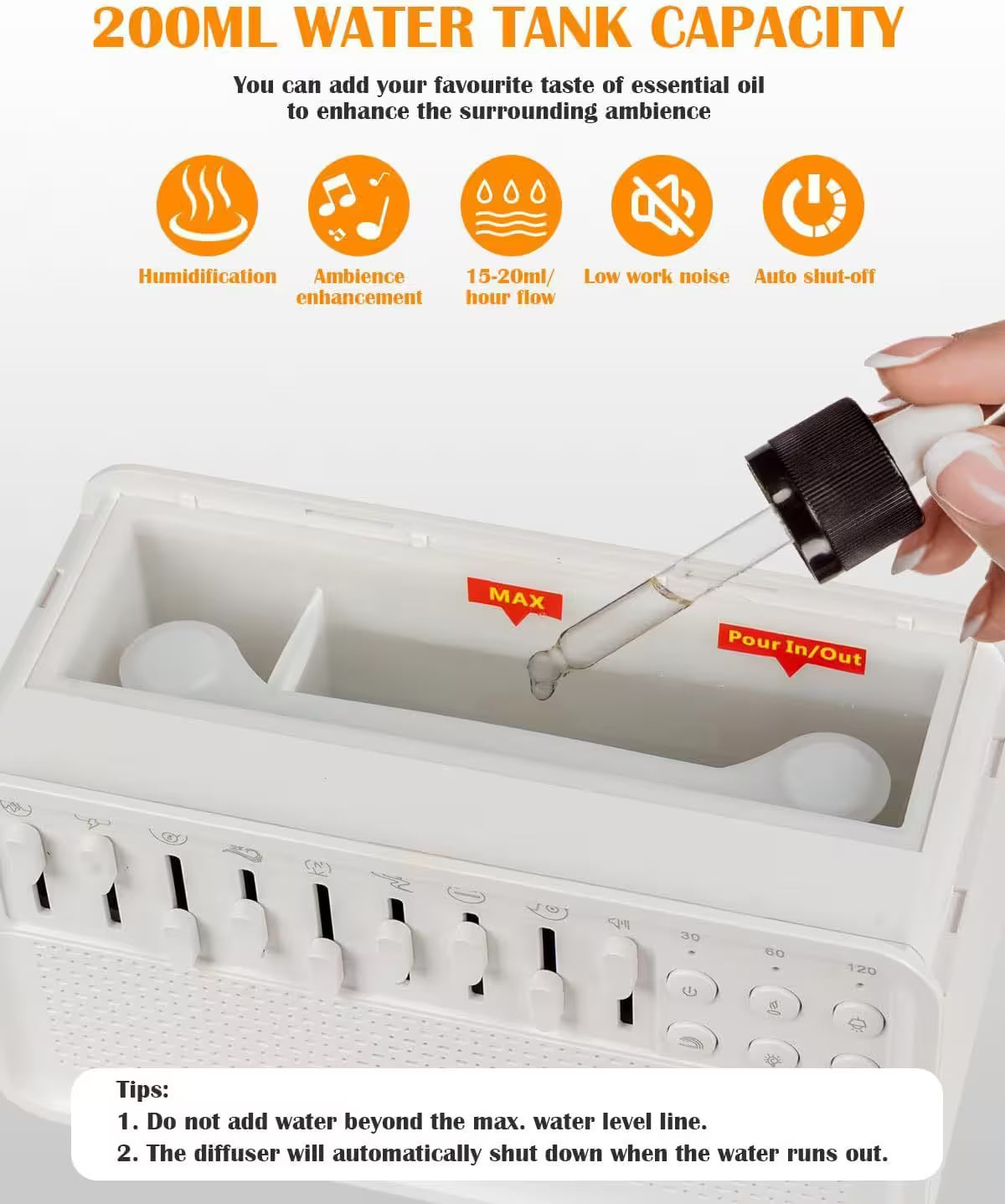 White essential oil diffuser with water tank capacity indicator and dropper, showing features like humidification and ambiance enhancement.