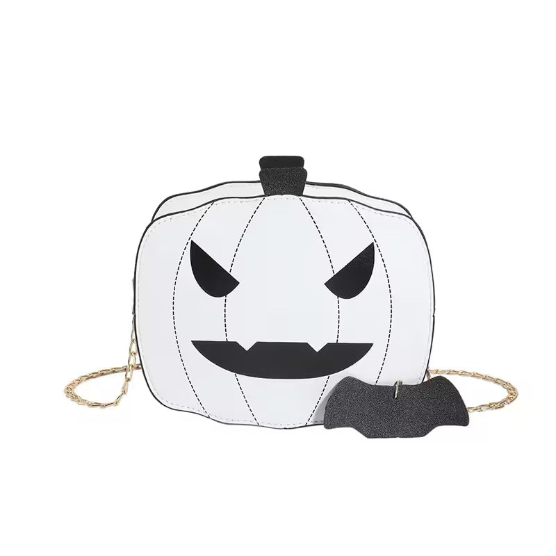 Pumpkin-shaped bag with a face design on a white background