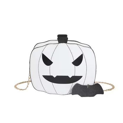 Pumpkin-shaped bag with a face design on a white background