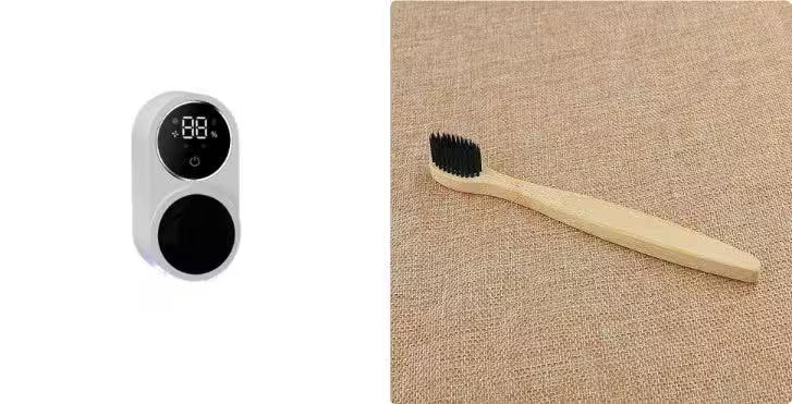 Bamboo toothbrush with digital timer on a beige background