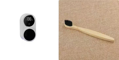 Bamboo toothbrush with digital timer on a beige background