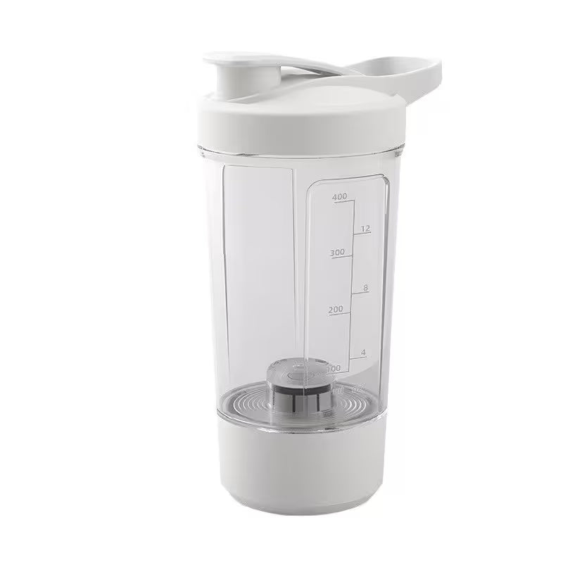 White shaker bottle with measurement markings on a white background