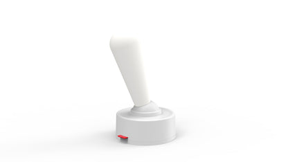 White cylindrical object with a red label on a white background