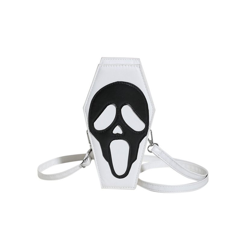 White bag with a black and white face design on a white background