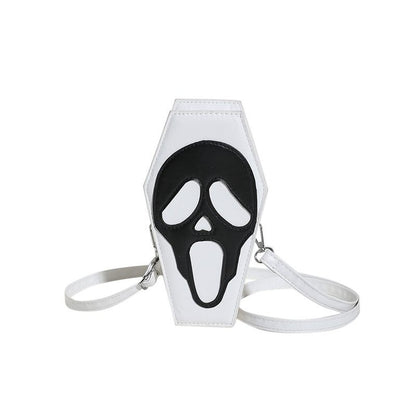 White bag with a black and white face design on a white background