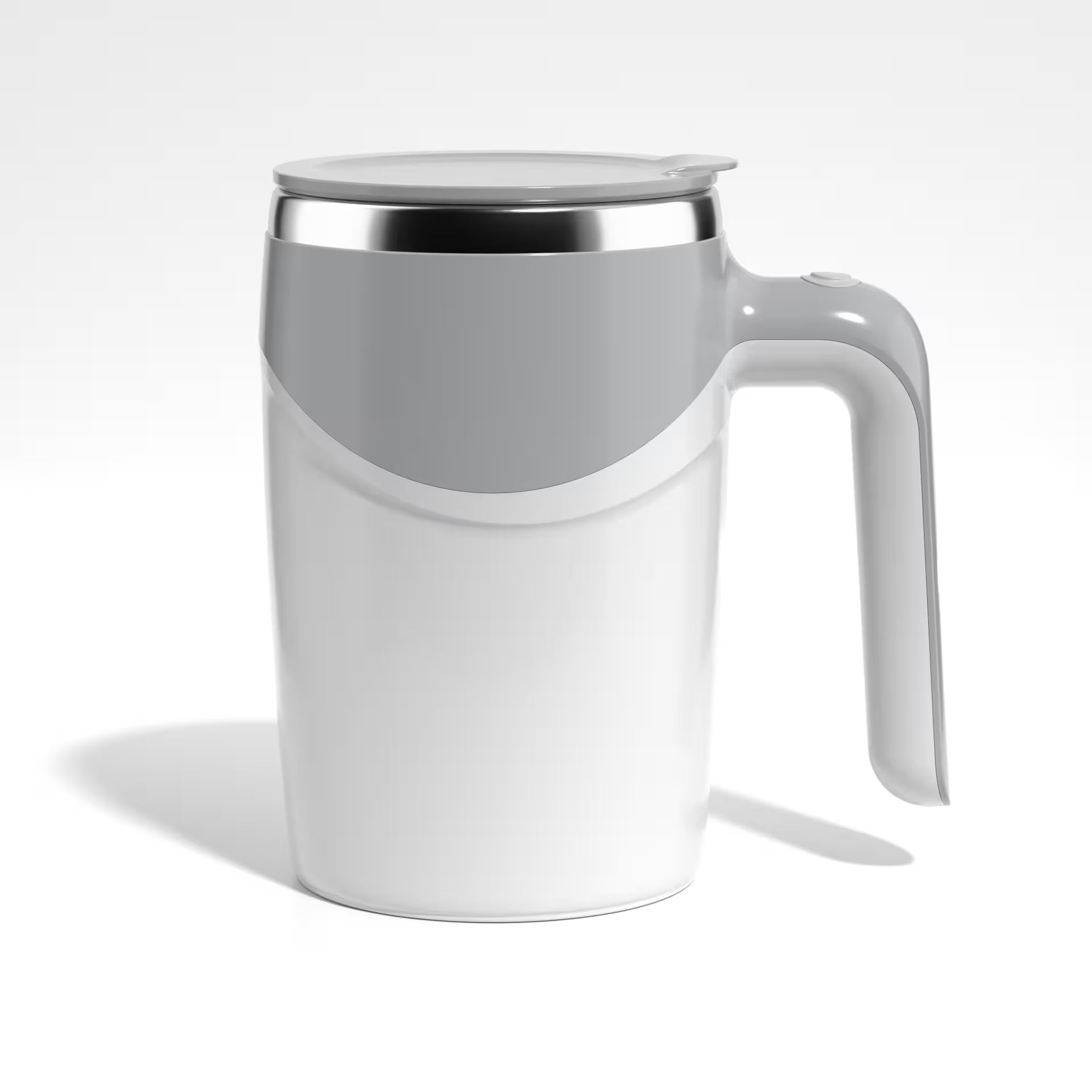 White mug with a silver lid on a white background