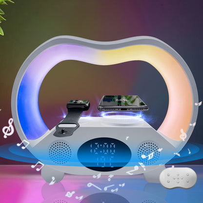 Multifunctional device with LED lights, smartphone, smartwatch, and remote control on a colorful background.