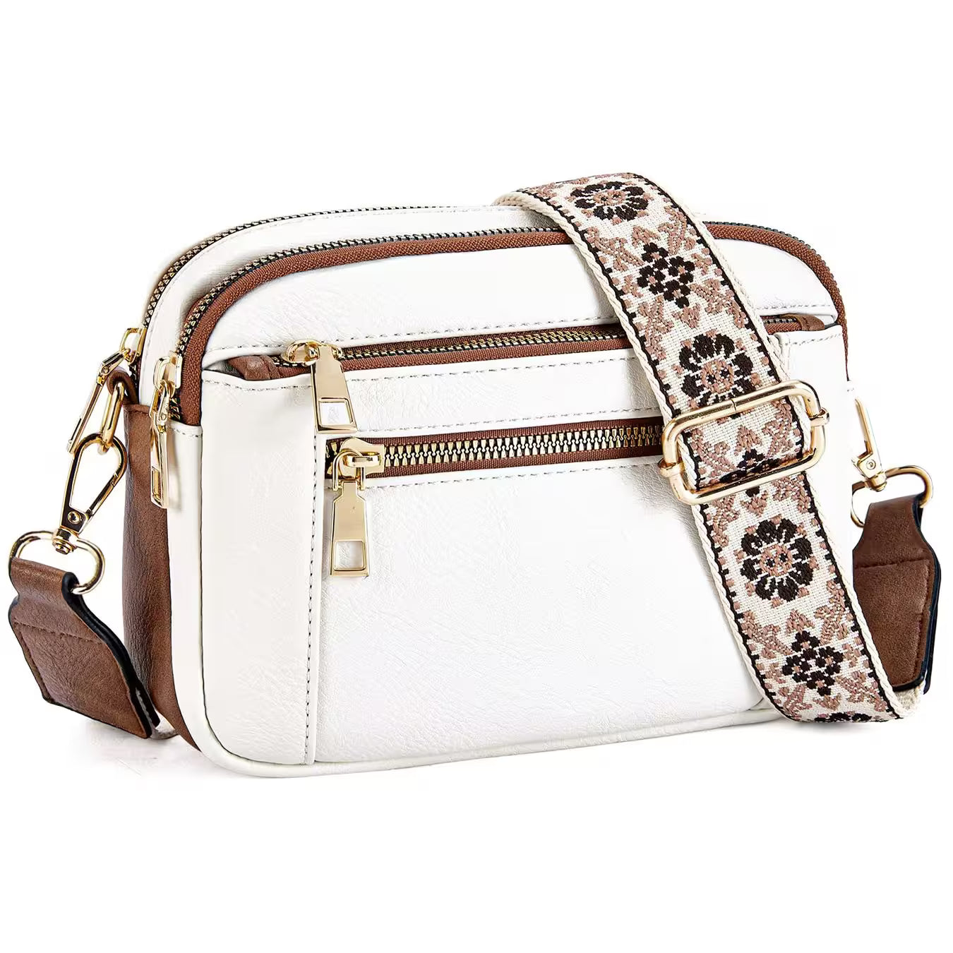 White handbag with floral strap on a white background