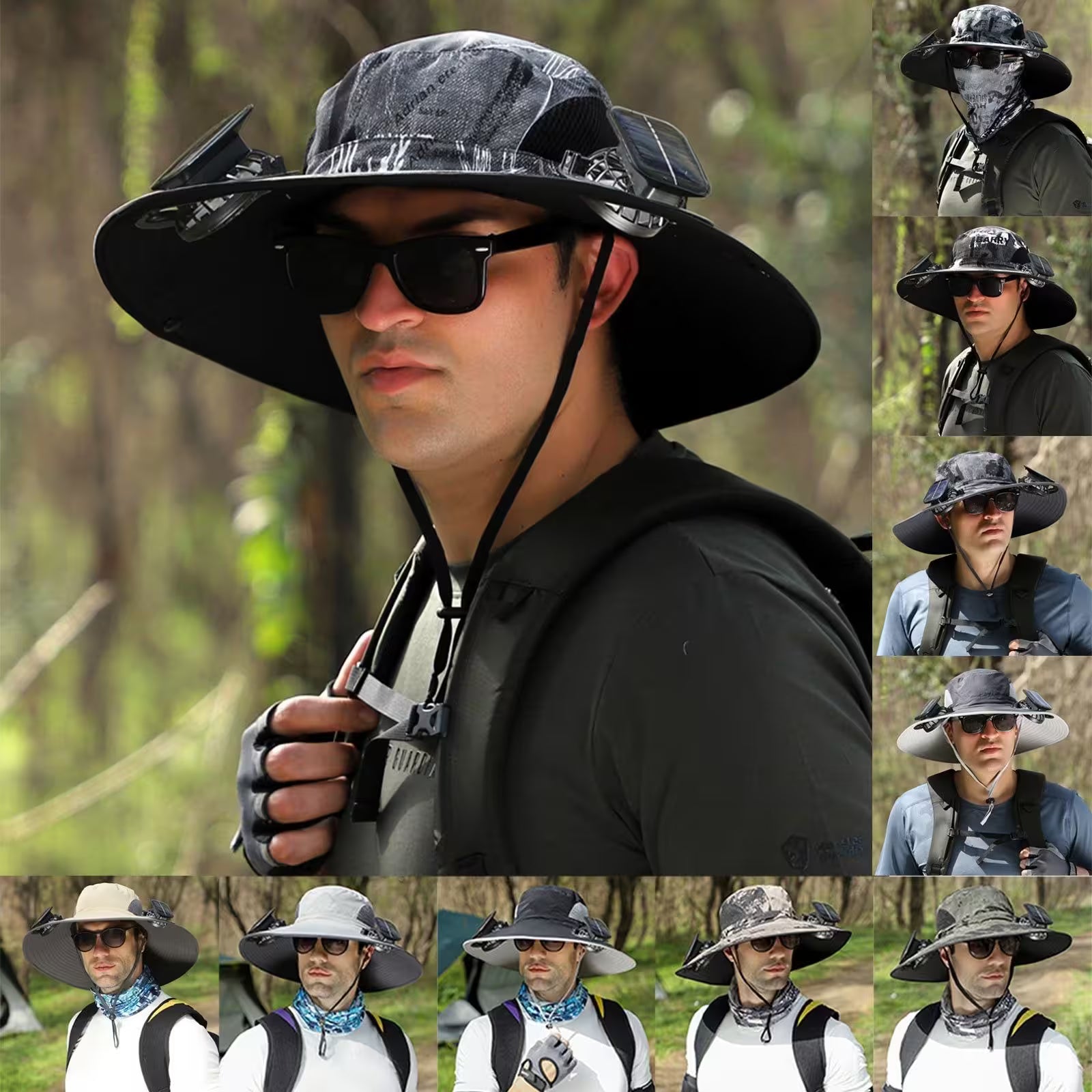 Man wearing a wide-brimmed hat with neck cover in various settings