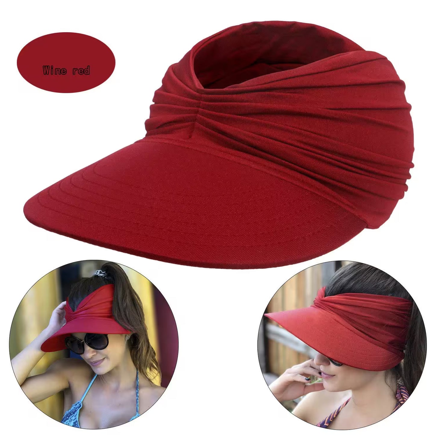 Red visor cap with a close-up of a woman wearing it on a white background