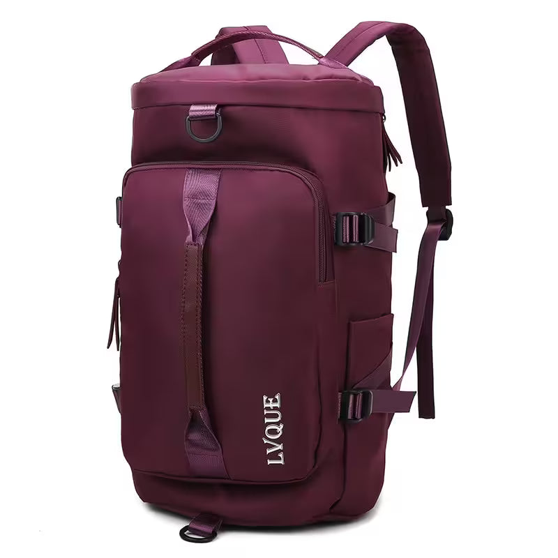 Maroon backpack with 'LYQUE' branding on a white background