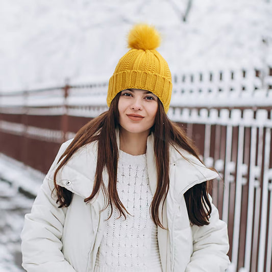 Winter Knit Hats For Women – Pom-Pom Beanie in 8 Colors with Textured Knit, Folded Cuff & Smooth-Look Lining