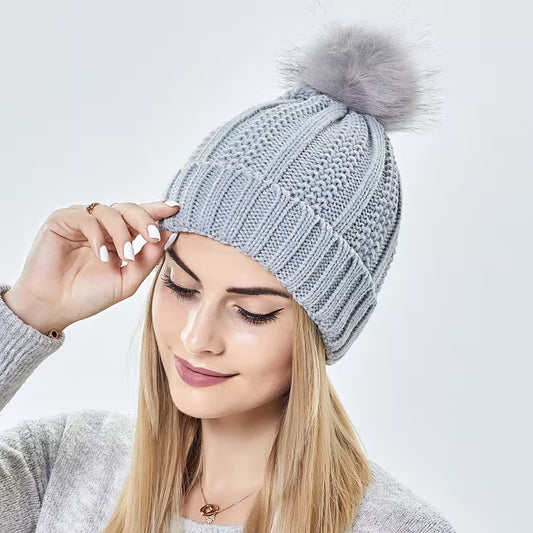 Winter Knit Hats For Women – Pom-Pom Beanie in 8 Colors with Textured Knit, Folded Cuff & Smooth-Look Lining