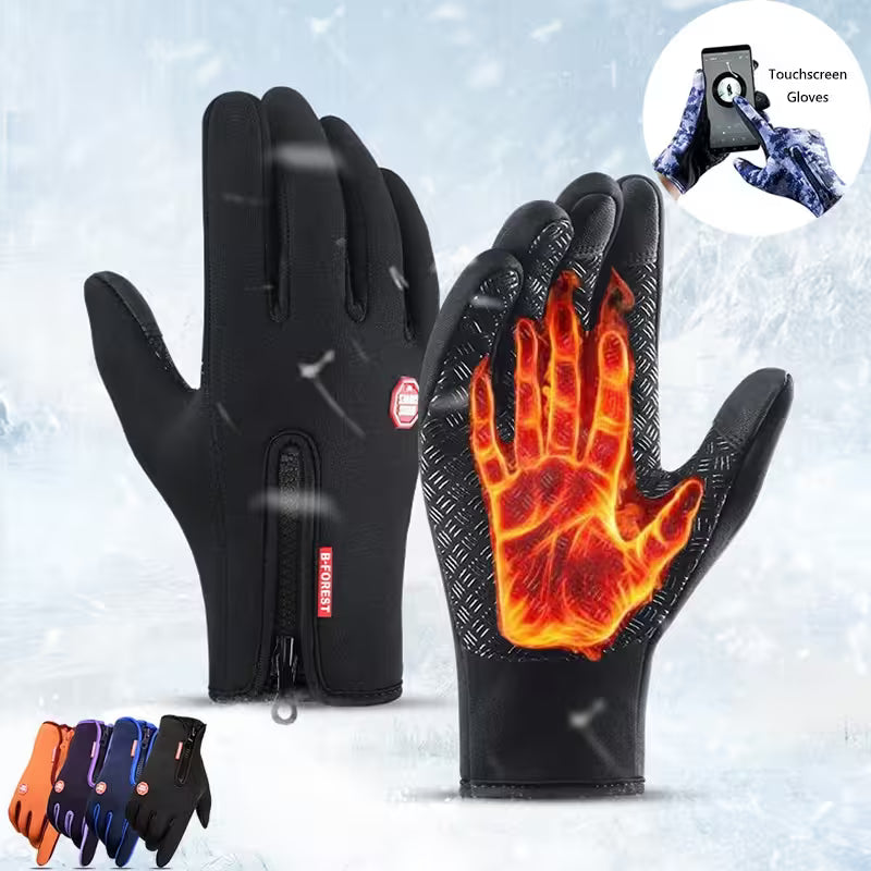 Black gloves with flame design on palm, featuring a touchscreen feature, on a snowy background.