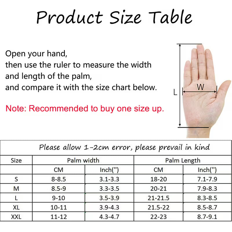 Hand measurement guide with size chart for palm width and length