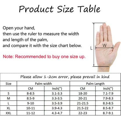 Hand measurement guide with size chart for palm width and length