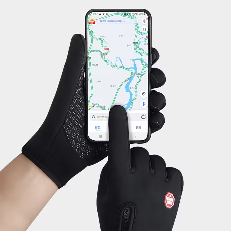 Black gloves holding a smartphone with a map displayed on a white background