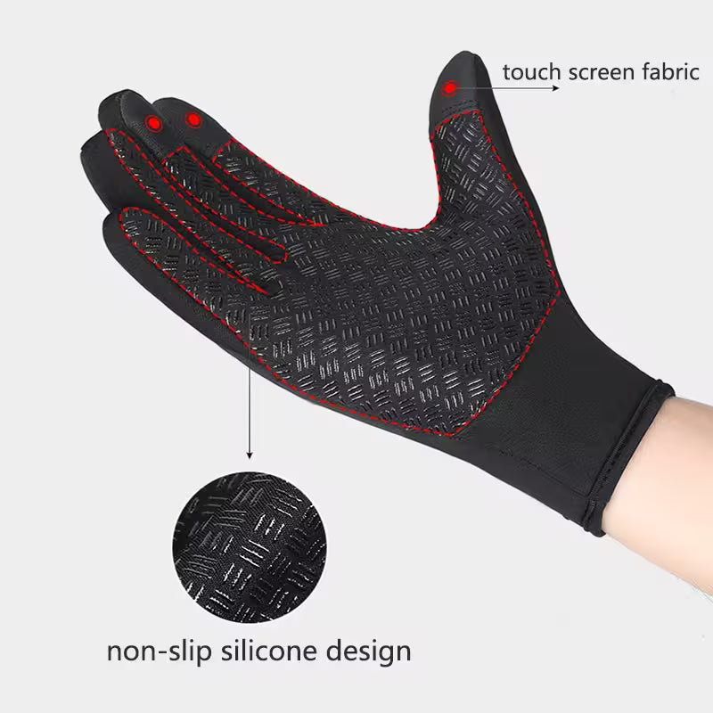 Black glove with touch screen fabric and non-slip silicone design on a gray background