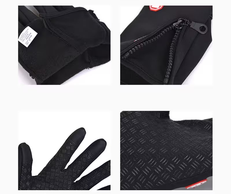 Black gloves with textured palm and zipper details on a white background