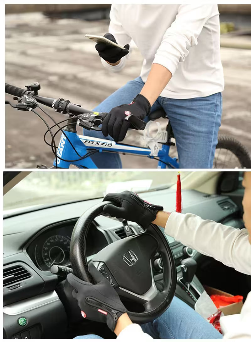 Person using a bike and car with gloves on, indicating glove compatibility with various activities.