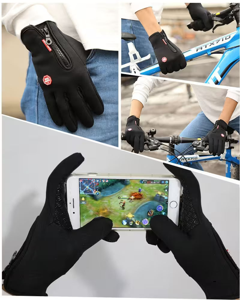 Black gloves being worn in various settings including a bike ride and gaming.