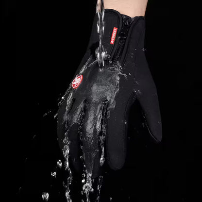 Black glove with water splashing out, featuring a brand logo on a black background