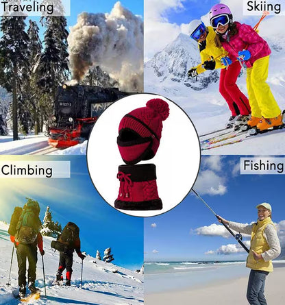 Collage of activities with a focus on a red and black beanie and scarf, including traveling, skiing, climbing, and fishing.
