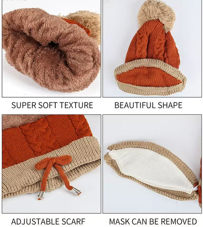 Knitted fox hat with adjustable scarf and removable mask on a white background