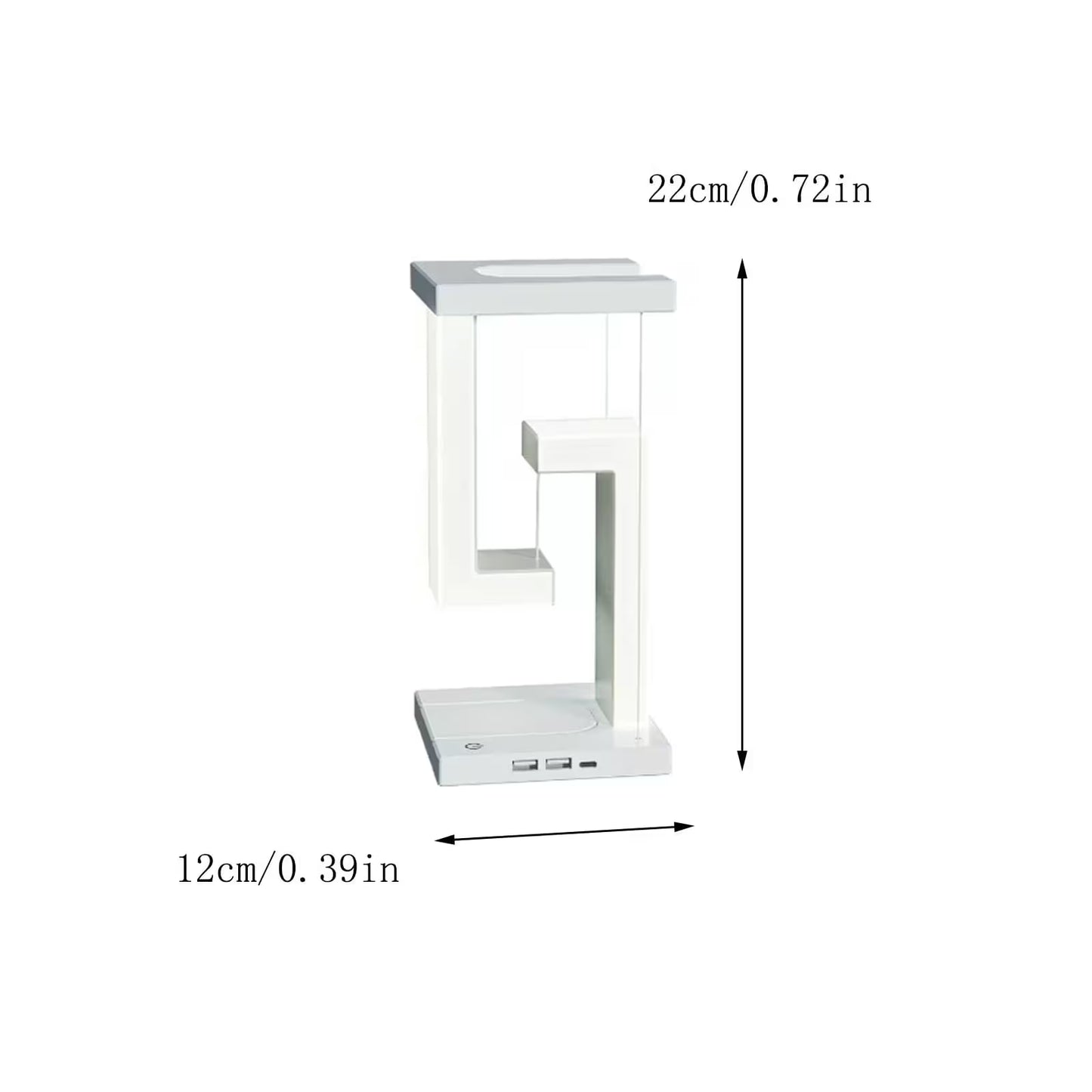 Small white electronic device with dimensions labeled on a white background