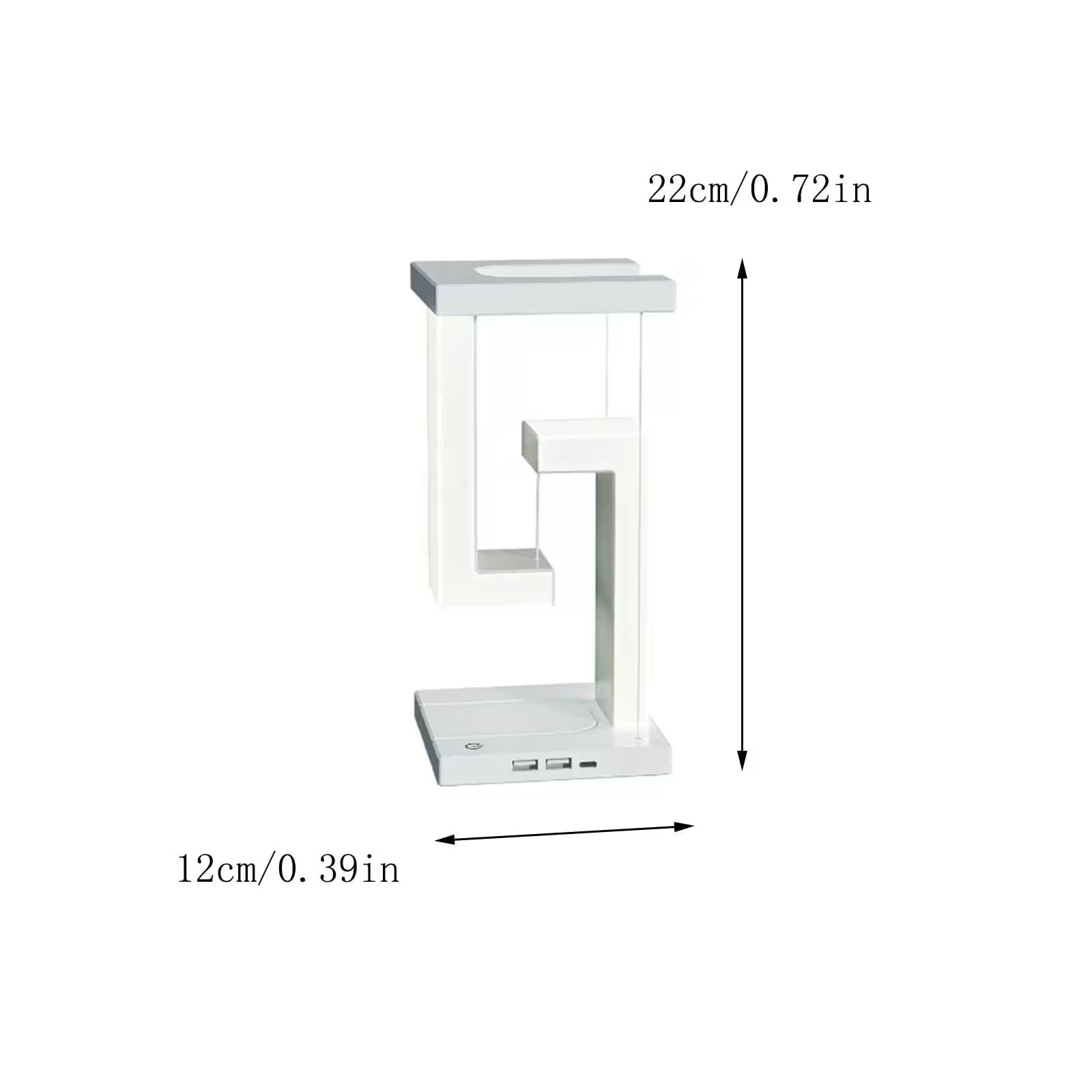 Small white electronic device with dimensions labeled on a white background