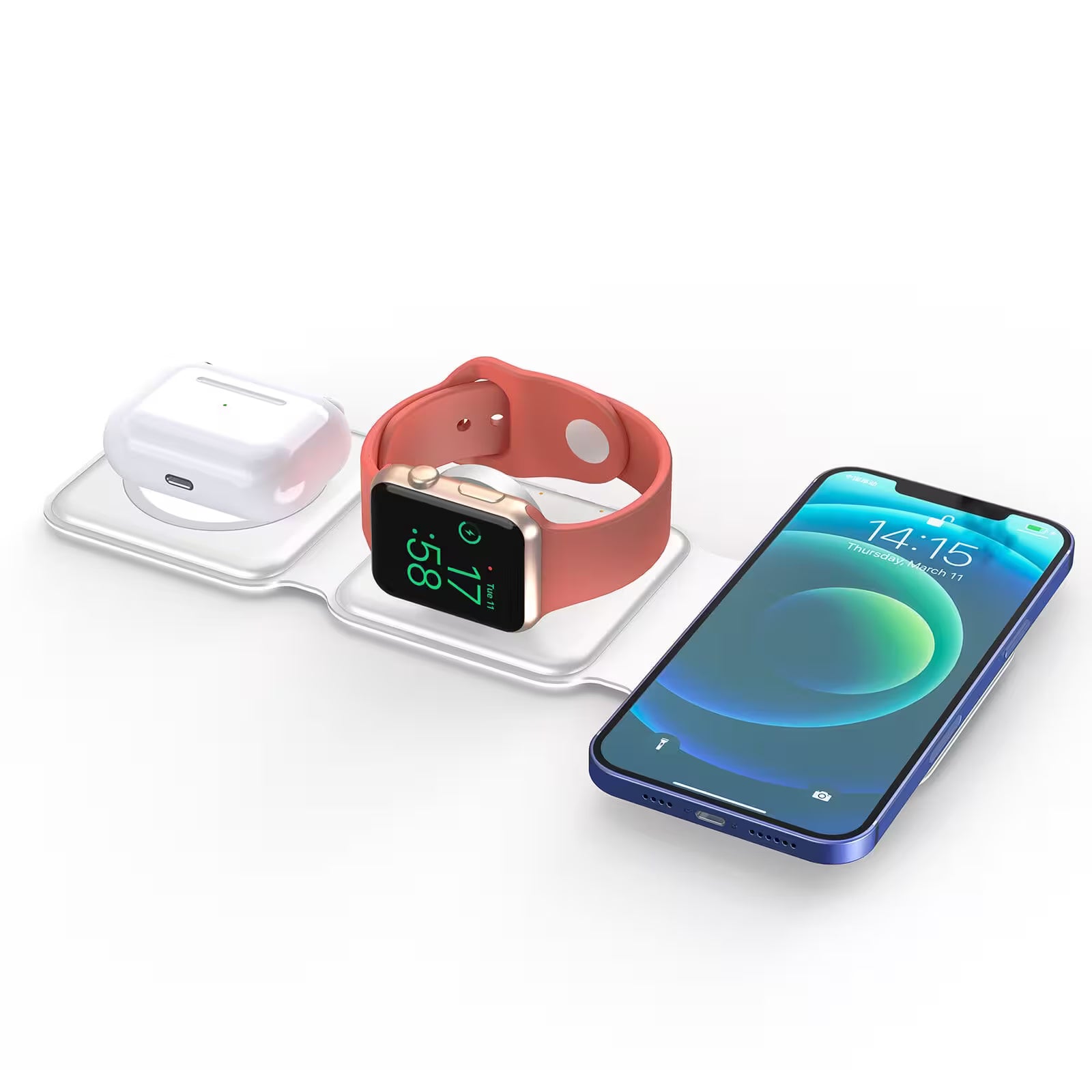 Smartphone, smartwatch with pink band, and wireless earbuds on a white background