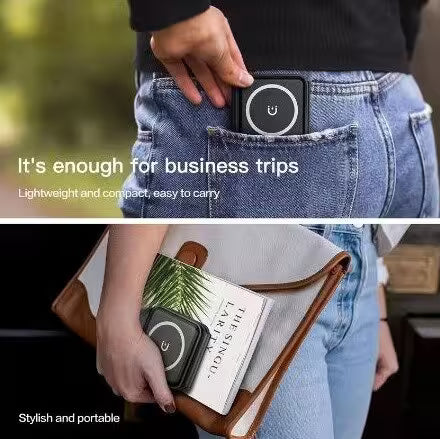 Person holding a small black device in their pocket with text about its portability.