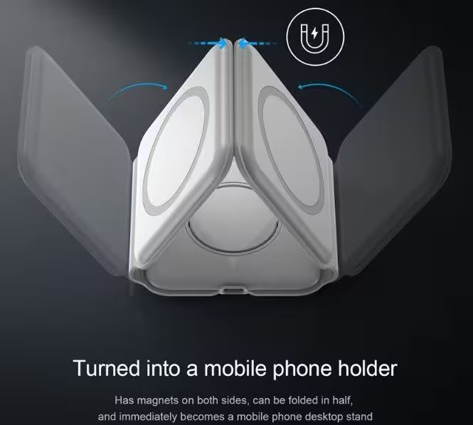 Foldable phone stand with magnetic sides on a dark background
