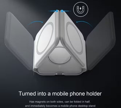 Foldable phone stand with magnetic sides on a dark background