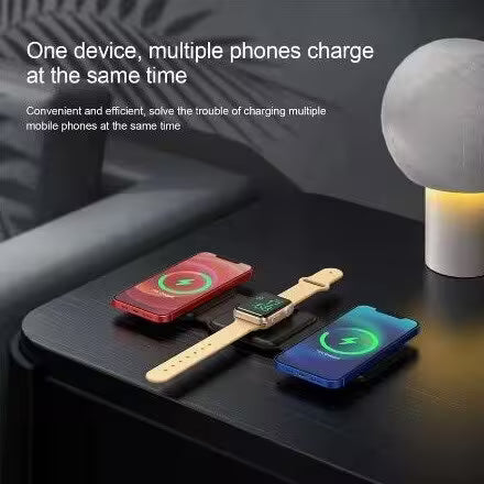 Multiple devices charging simultaneously on a black surface with text highlighting convenience.